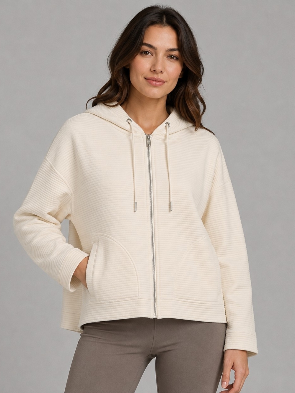 DKNY Sport Women's Tech Ottoman Full-Zip Hoodie Cream Ivory Ribbed Size L NWT